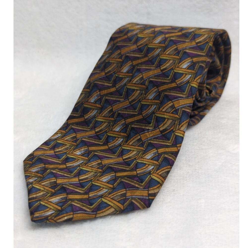 J. Garcia Neck Tie 100% Silk Brown Green Abstract Design Career Work‎ Office